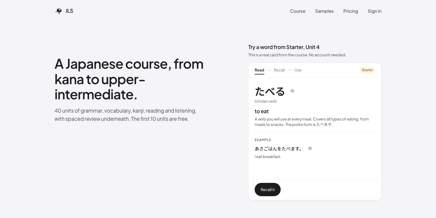 The JLS home page: a Japanese course from kana to upper-intermediate, beside a real vocabulary card from Starter, Unit 4